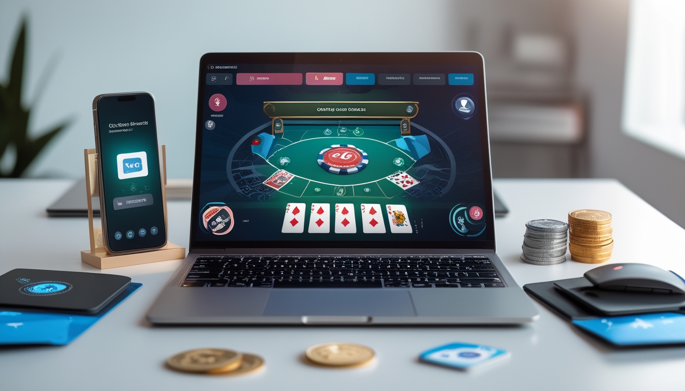 Sebuah meja kerja modern dengan laptop yang menampilkan permainan kartu online, ponsel dengan aplikasi pembayaran, dan kartu kredit di sekitarnya.