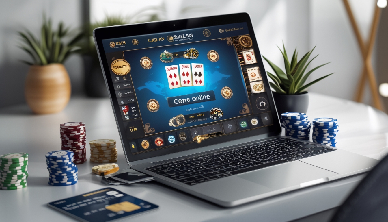 Seorang pengguna duduk di depan laptop dengan tampilan permainan kartu online, dikelilingi oleh chip poker dan ponsel yang menampilkan aplikasi transaksi.
