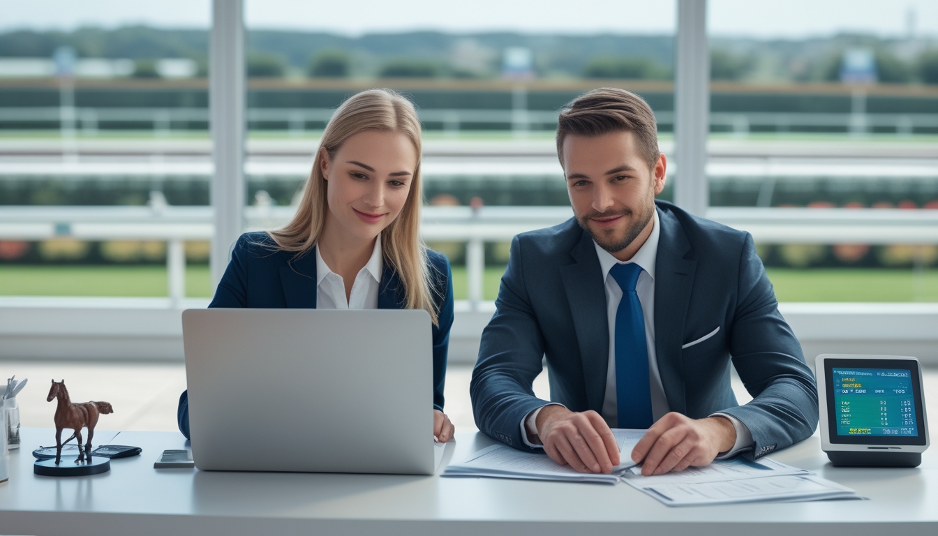 Dua orang profesional sedang duduk di meja kantor modern, melihat dokumen dan laptop dengan latar belakang arena balap kuda.