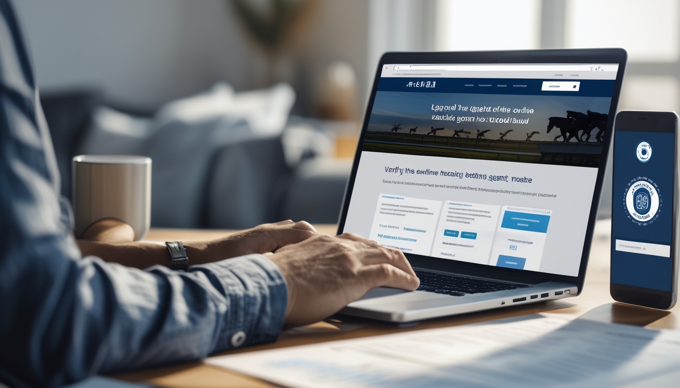 Seseorang sedang memeriksa legalitas agen taruhan balap kuda online di depan laptop dengan tampilan situs resmi dan ikon keamanan.