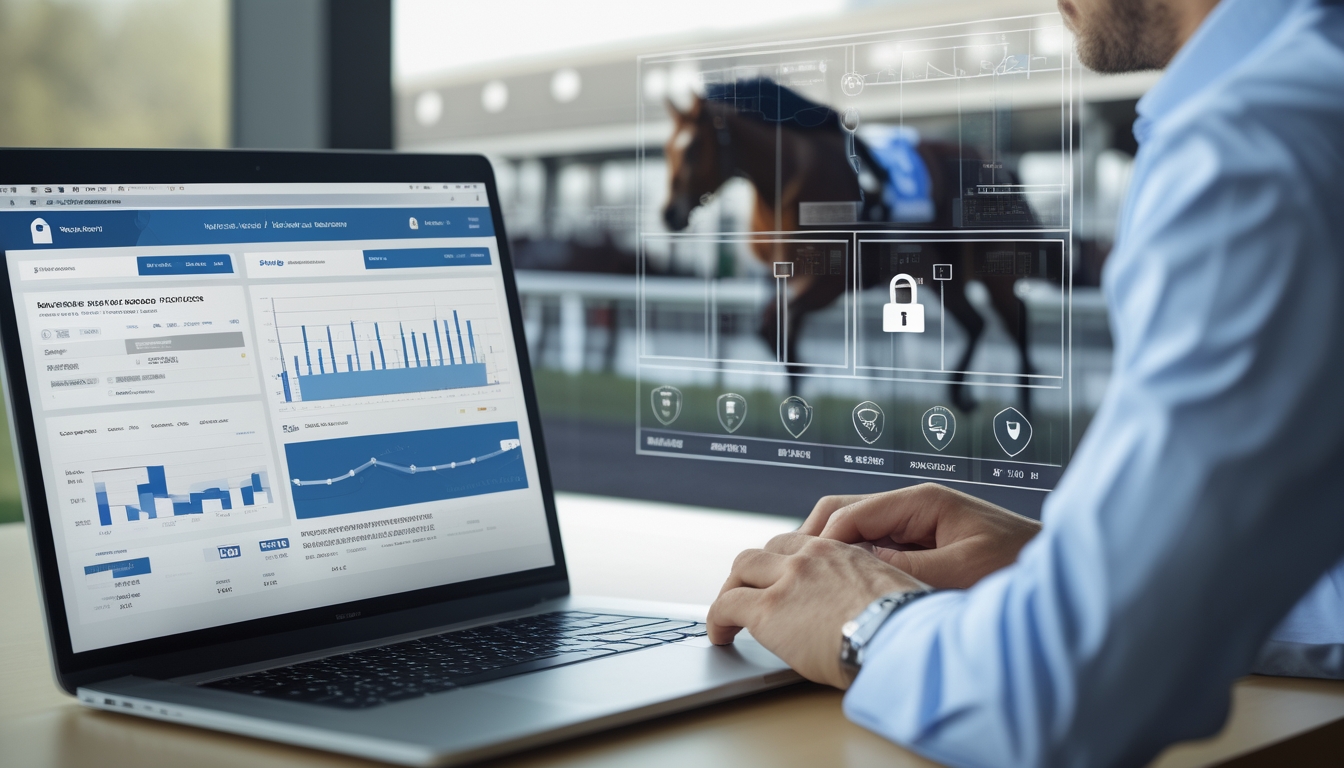 Seseorang sedang menganalisis data keamanan dan transparansi situs balap kuda online di depan laptop dengan tampilan grafik dan simbol keamanan.