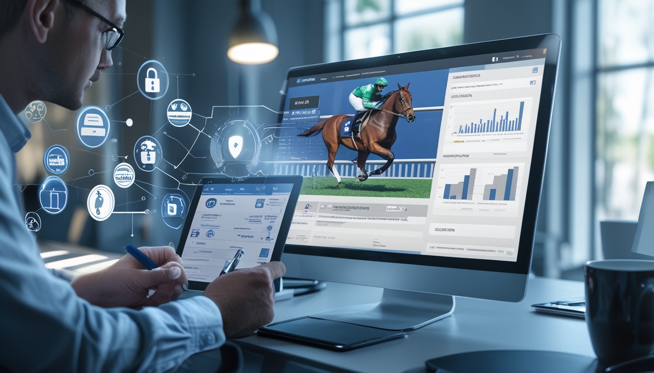 Seseorang sedang menganalisis situs balap kuda online di depan komputer dengan ikon keamanan dan grafik data di layar.