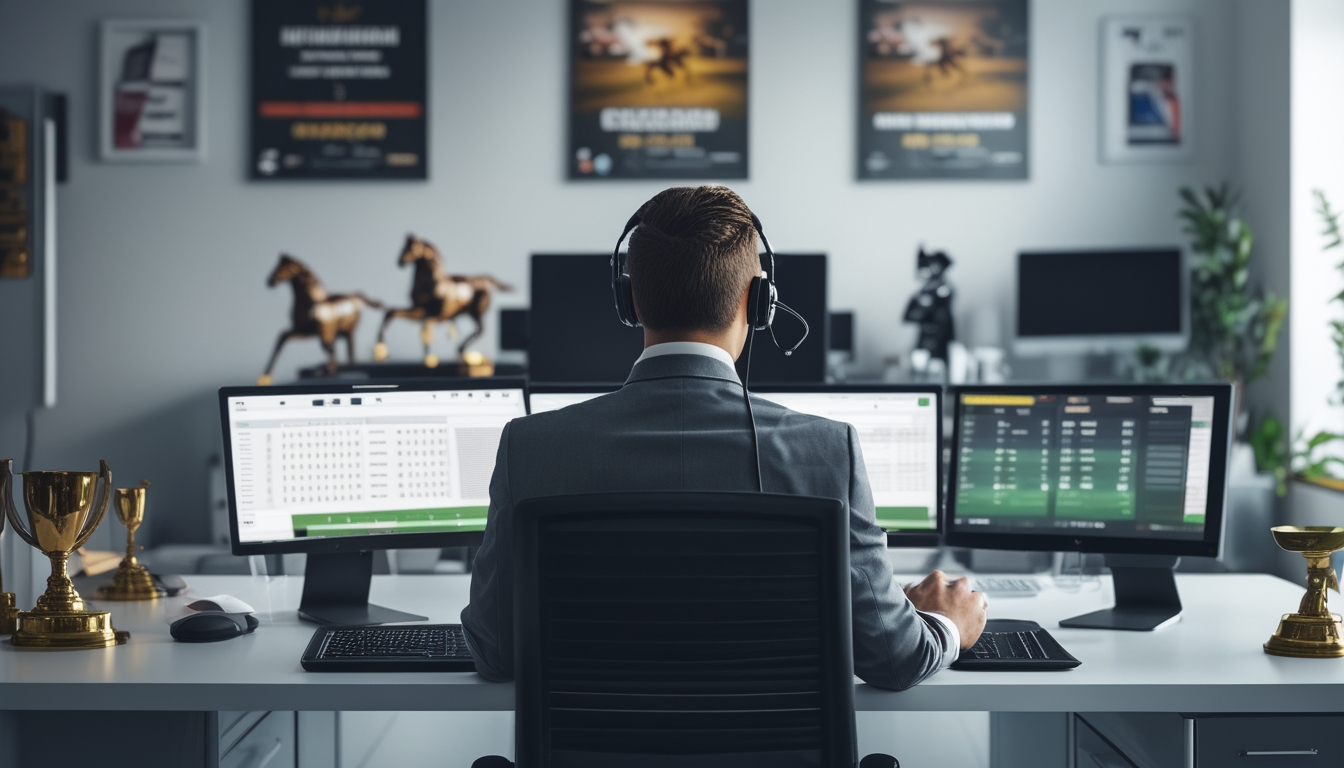 Seorang agen balap kuda online yang sedang bekerja di depan beberapa layar komputer dengan data balap kuda, di sebuah kantor modern yang rapi.
