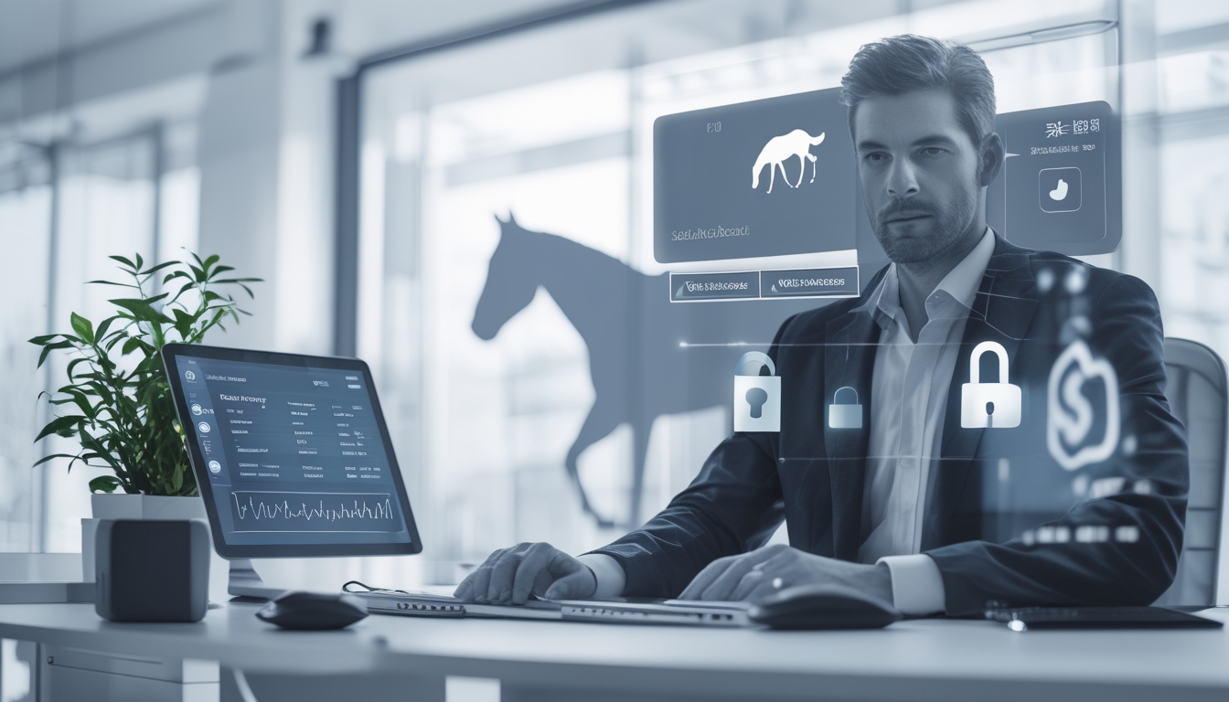 Seorang profesional duduk di meja kantor dengan perangkat digital yang menampilkan data balap kuda dan simbol keamanan, menunjukkan agen balap kuda online yang terpercaya.