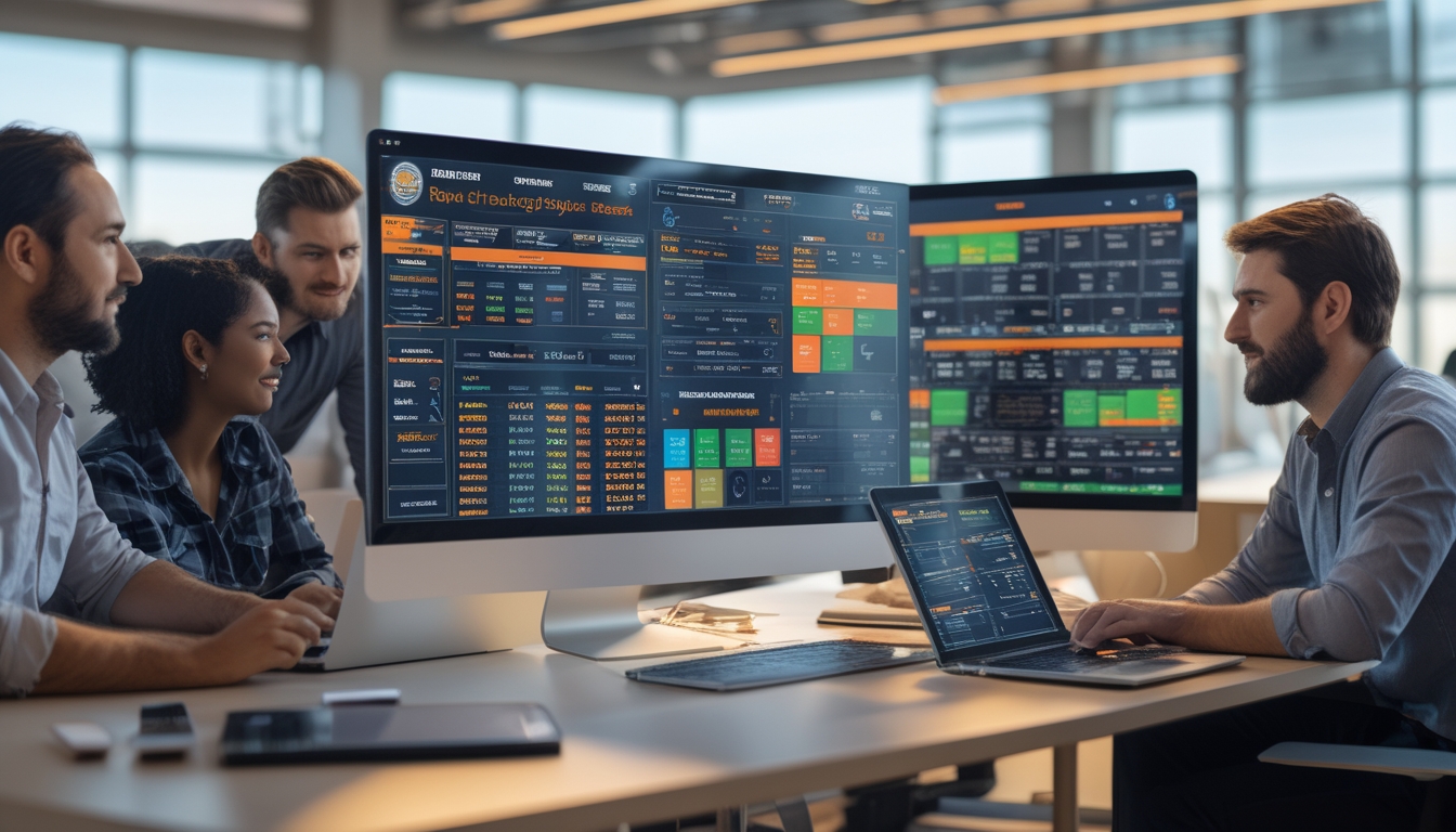 Sekelompok orang sedang berdiskusi di kantor modern dengan layar digital menampilkan data balap kuda online dan statistik, menggunakan komputer dan perangkat digital.