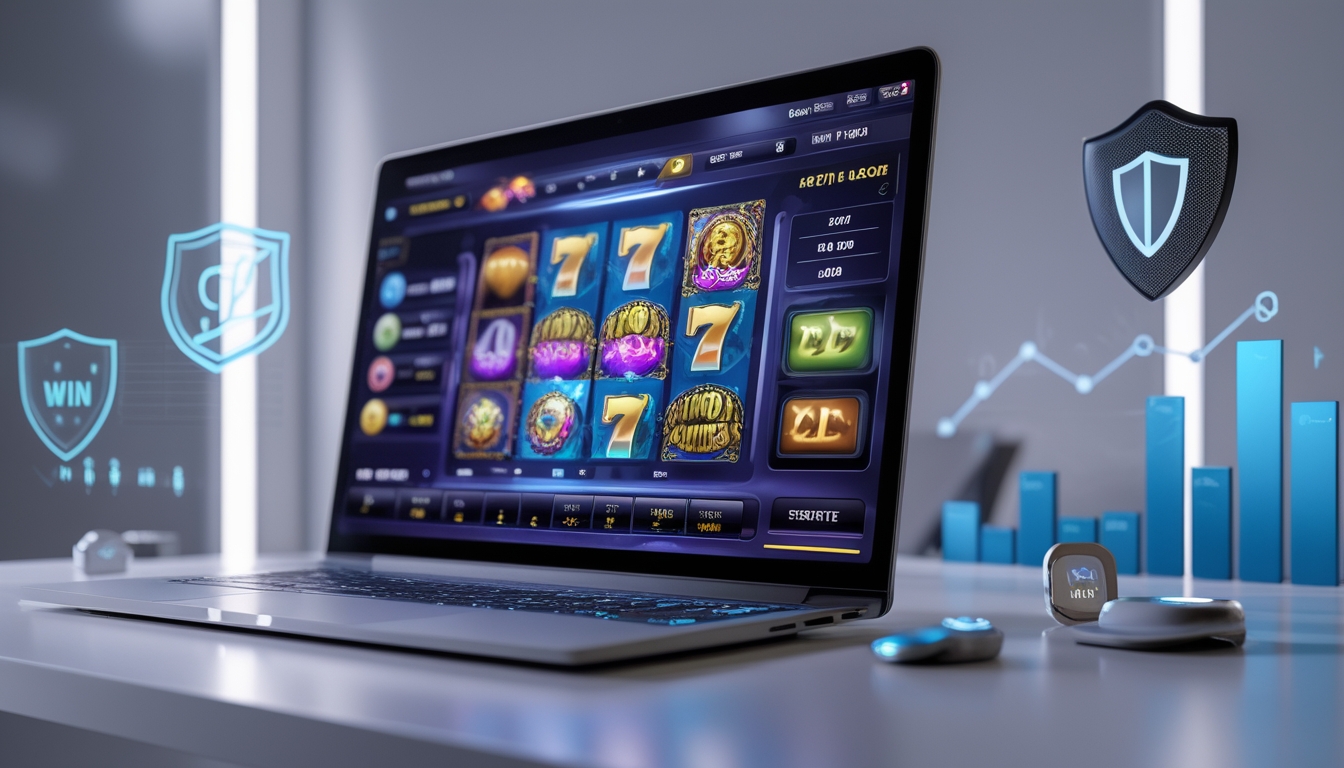 Sebuah meja dengan komputer menampilkan permainan slot online yang berwarna-warni, dengan ikon keamanan dan grafik kemenangan di sekitarnya.