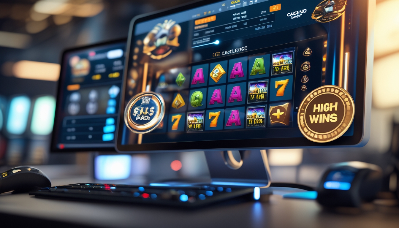 Layar komputer menampilkan permainan slot online dengan ikon keamanan dan simbol kemenangan di latar belakang kabur.