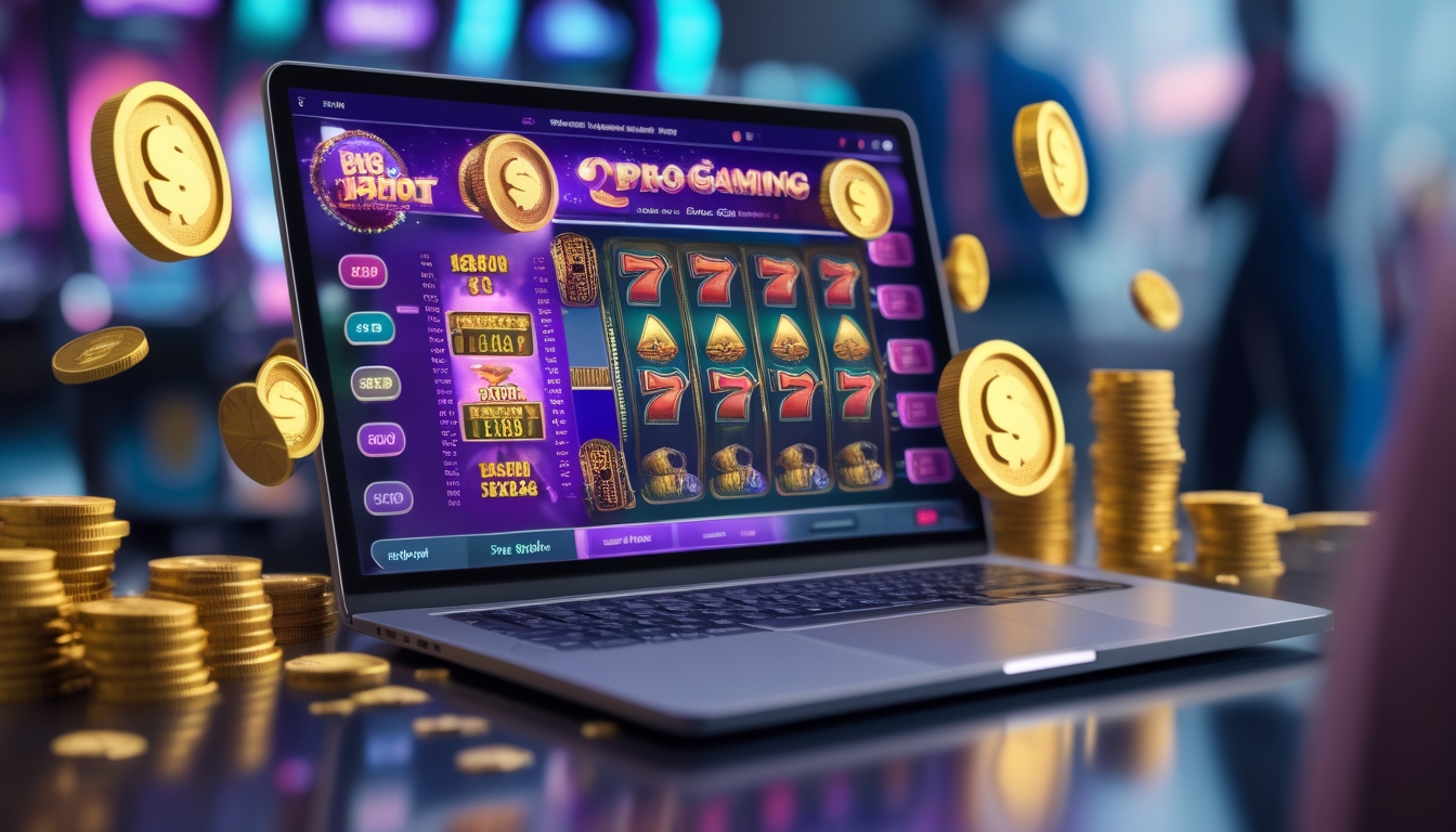 Sebuah komputer menampilkan permainan mesin slot online dengan simbol jackpot dan koin emas di sekitarnya.