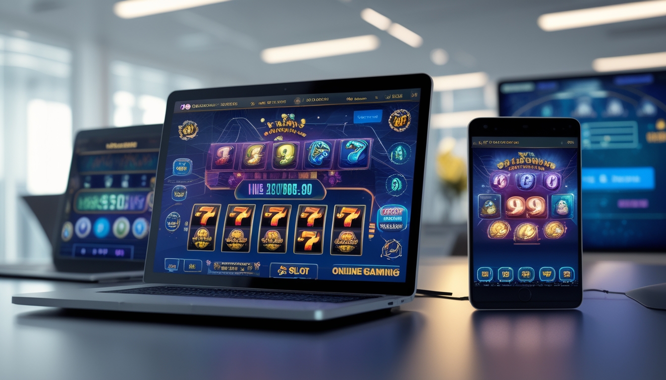 Beberapa perangkat digital menampilkan permainan slot online dengan latar kantor modern dan pencahayaan lembut.