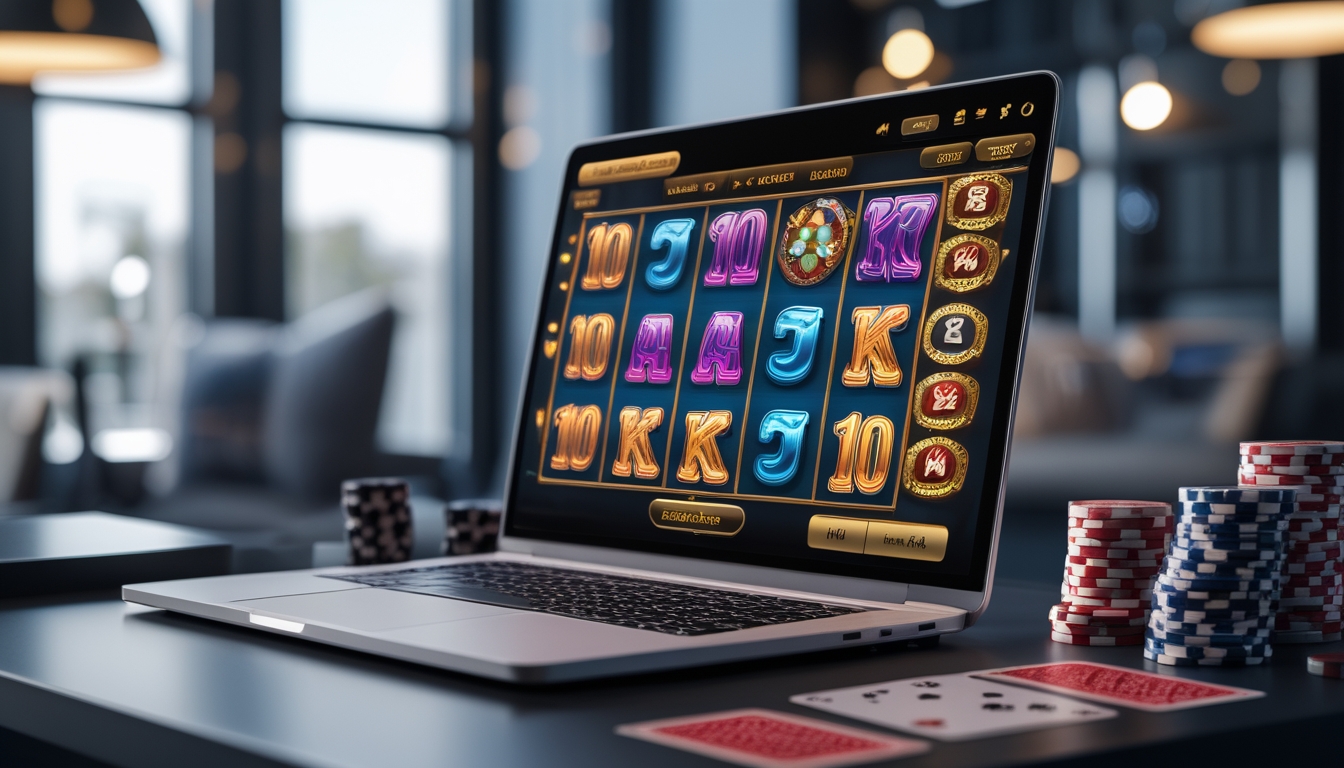 Seorang pemain menggunakan komputer dengan tampilan permainan slot online berwarna-warni di meja kerja modern.