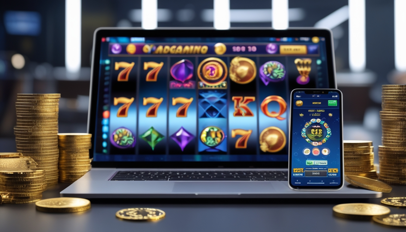 Seorang pemain menggunakan komputer dan smartphone dengan tampilan permainan slot online penuh warna dan tumpukan chip poker di meja.