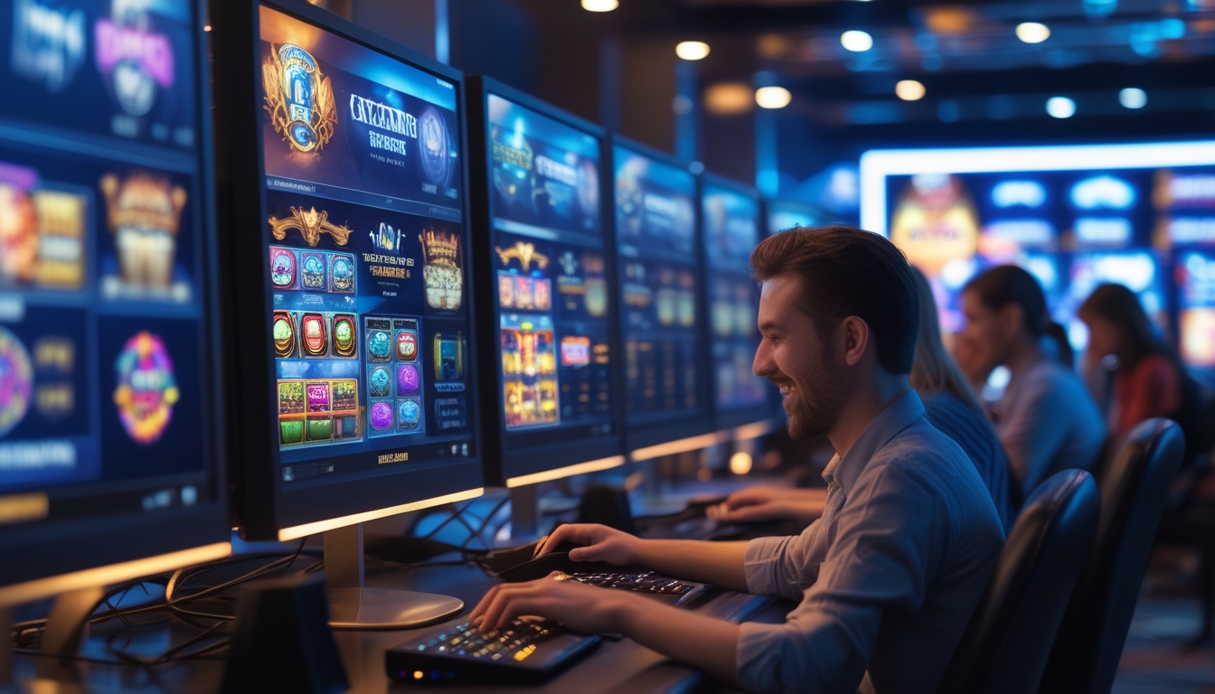Suasana ruang kasino modern dengan beberapa monitor menampilkan permainan slot online, dan beberapa orang sedang bermain dengan antusias menggunakan laptop dan tablet.