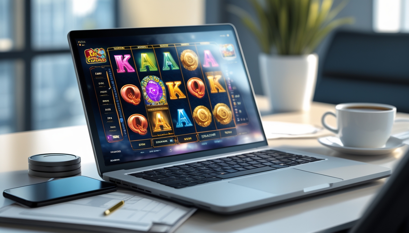 Meja kerja modern dengan laptop yang menampilkan permainan slot online, smartphone dengan aplikasi kasino, dan secangkir kopi di sekitarnya.