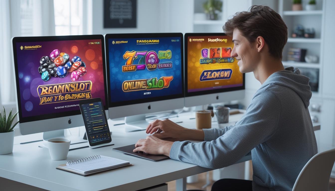 Seorang dewasa muda duduk di meja dengan beberapa layar komputer menampilkan permainan slot online, terlihat fokus dan percaya diri dalam suasana kantor rumah yang terang.