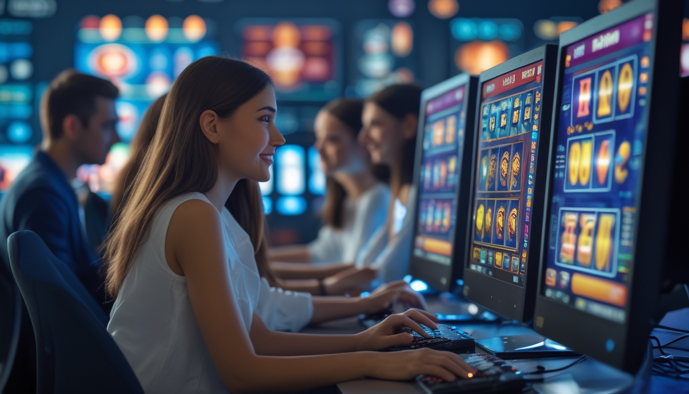 Beberapa orang muda sedang bermain permainan slot online di komputer di sebuah ruangan modern.