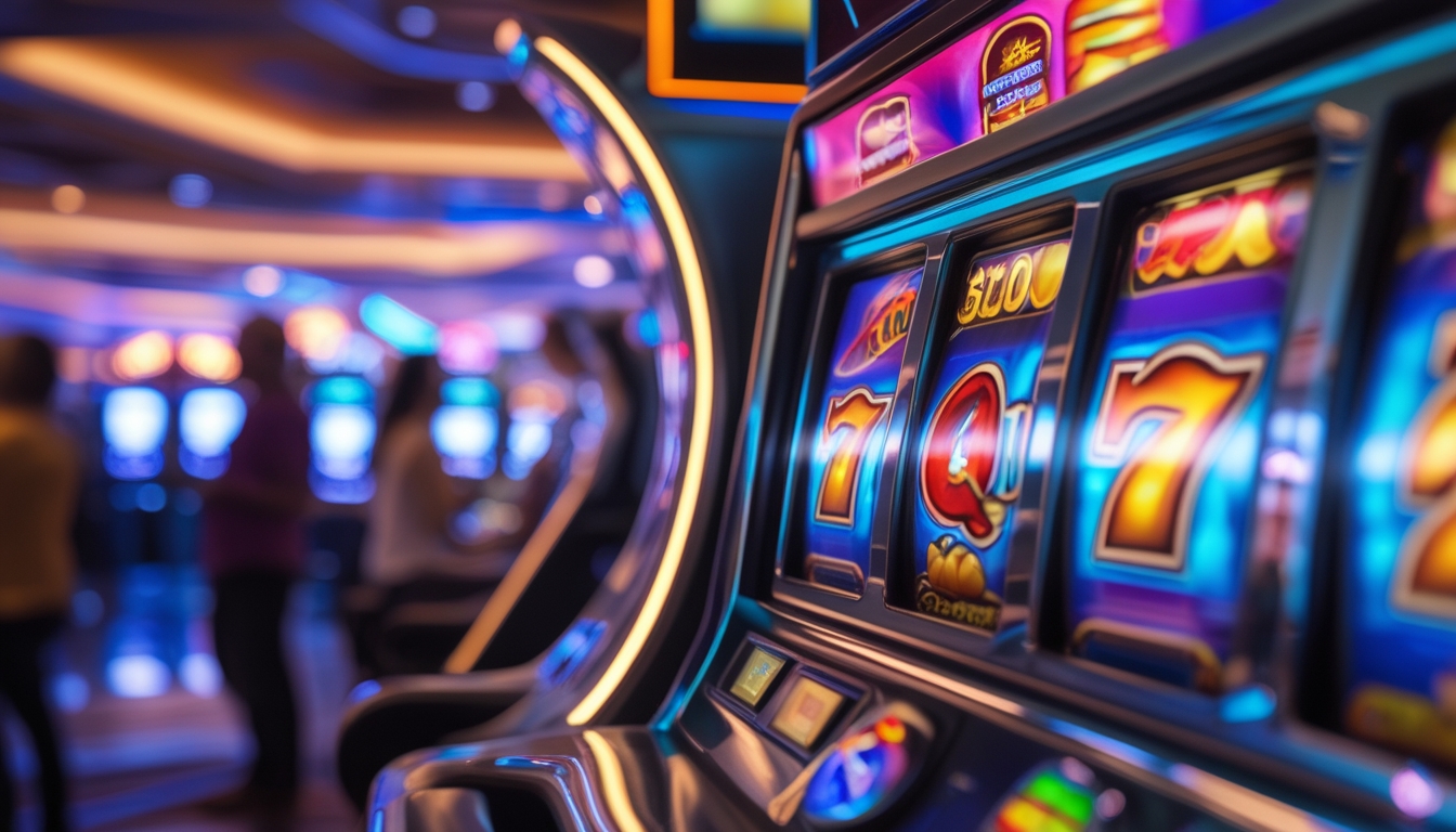 Mesin slot digital berwarna cerah dalam lingkungan kasino modern dengan pemain yang menikmati suasana permainan.