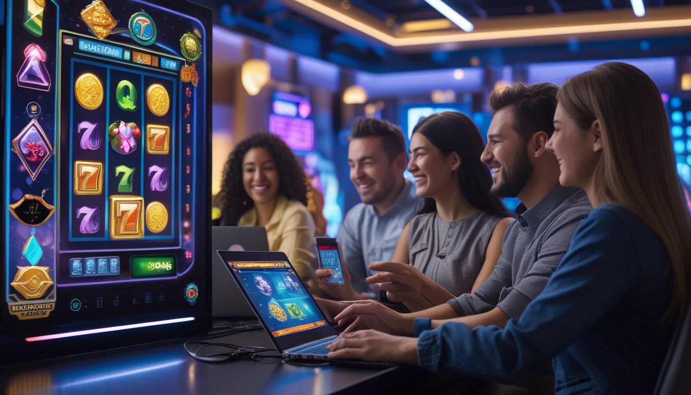 Sekelompok orang bermain permainan slot online dengan antusias di lingkungan gaming modern yang cerah dan penuh warna.