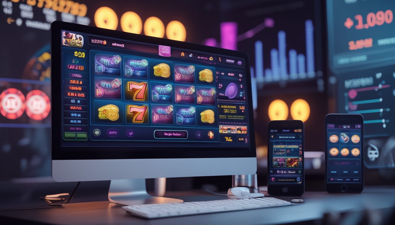 Setup permainan slot online dengan komputer dan ponsel menampilkan layar permainan slot berwarna-warni di lingkungan gaming yang modern.