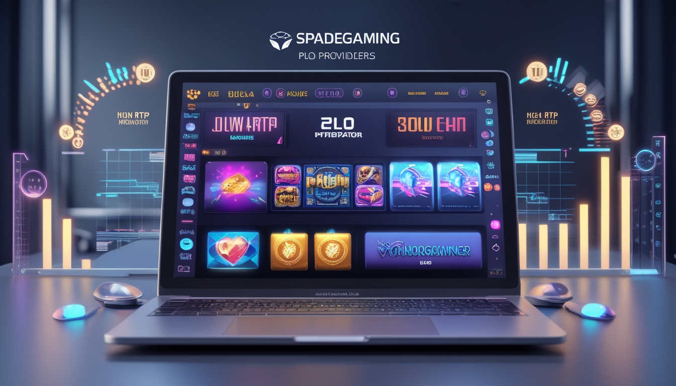 Layar komputer menampilkan permainan slot online dengan grafik warna-warni dan indikator tingkat pengembalian tinggi, dikelilingi ikon digital dan grafik yang menunjukkan kemenangan.