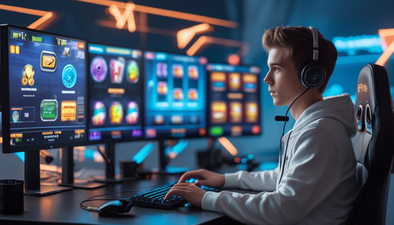 Seorang pria muda duduk di depan komputer dengan layar menampilkan permainan slot, di meja terdapat perlengkapan gaming, suasana modern dan profesional.