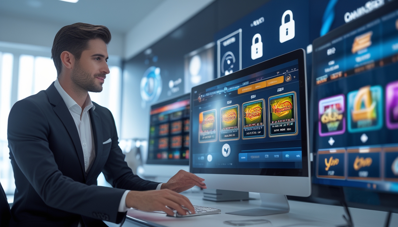 Seorang profesional sedang bekerja dengan beberapa layar digital yang menampilkan permainan slot online di kantor modern.