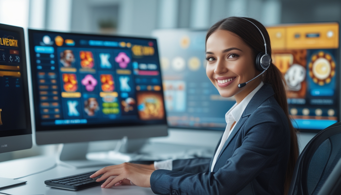 Seorang agen layanan pelanggan yang ramah sedang bekerja di meja kantor dengan beberapa monitor menampilkan permainan slot online yang berwarna-warni.