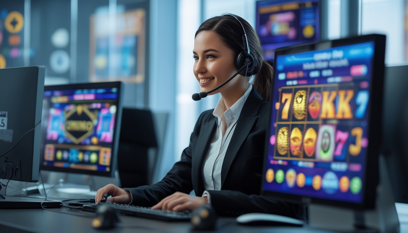 Seorang agen layanan pelanggan sedang bekerja di depan komputer dengan layar menampilkan permainan slot online, di ruang kantor modern yang terang dan rapi.