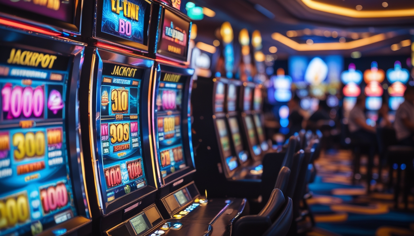 Suasana kasino dengan mesin slot berwarna-warni dan pemain yang sedang bermain.
