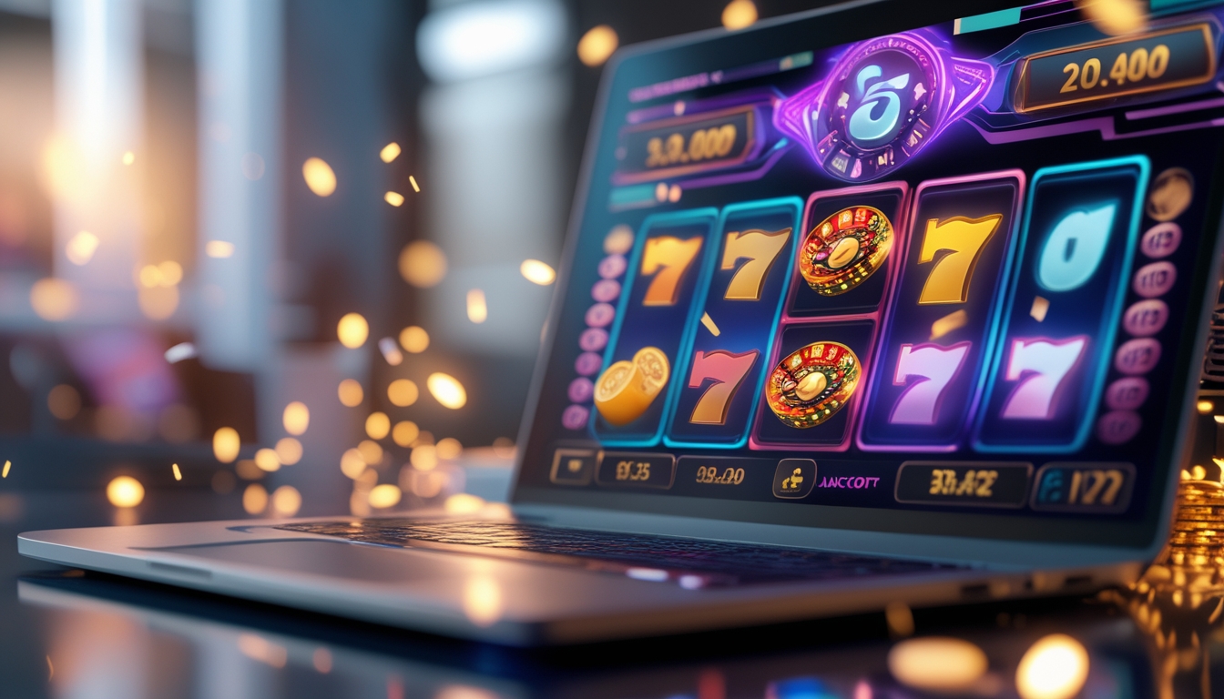 Layar komputer menampilkan permainan slot online dengan simbol jackpot dan koin yang bersinar di sekitar, menunjukkan suasana kemenangan.