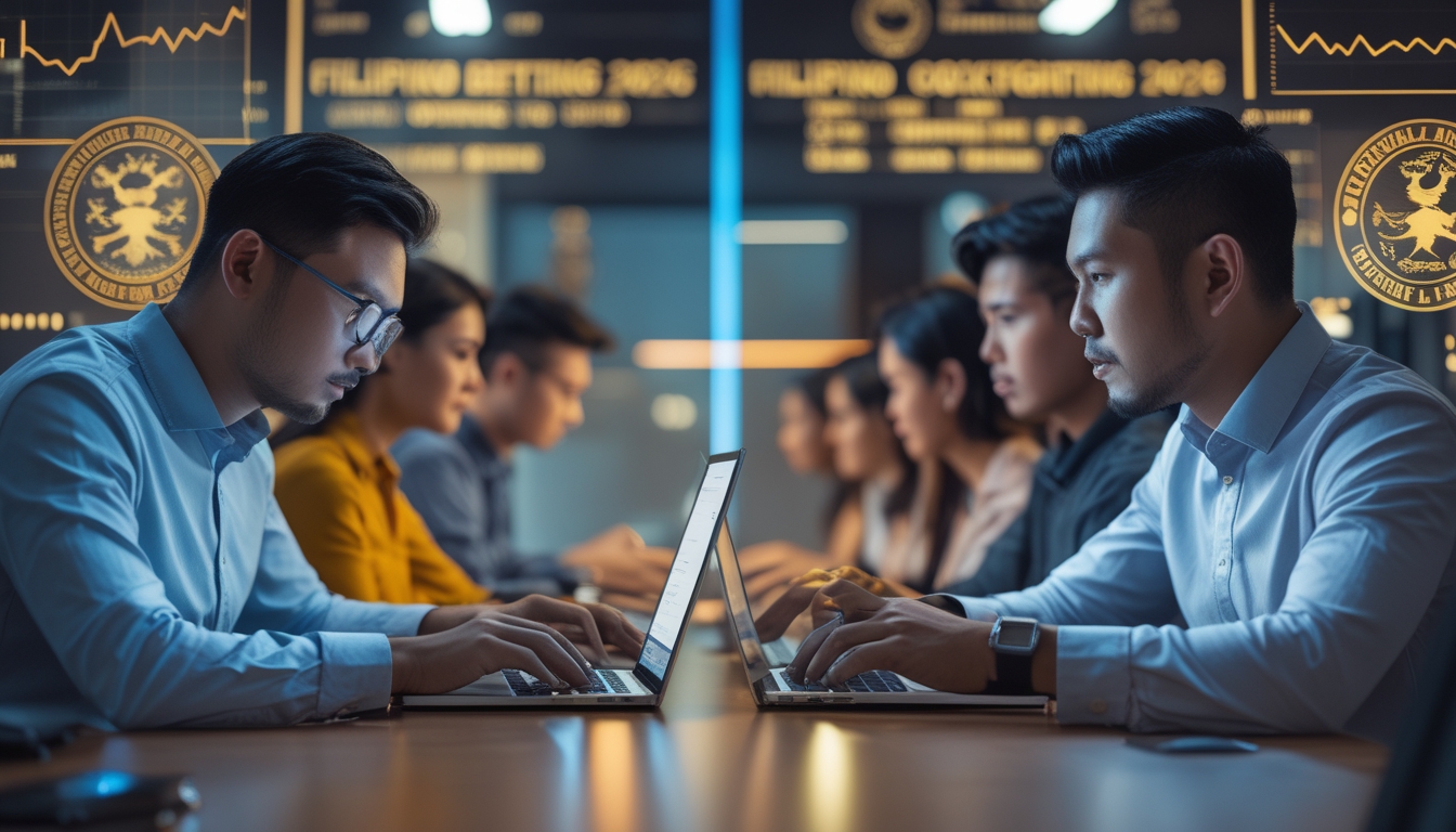 Orang-orang menggunakan laptop dan ponsel di kantor modern yang terang dengan tampilan grafik dan elemen digital di latar belakang.