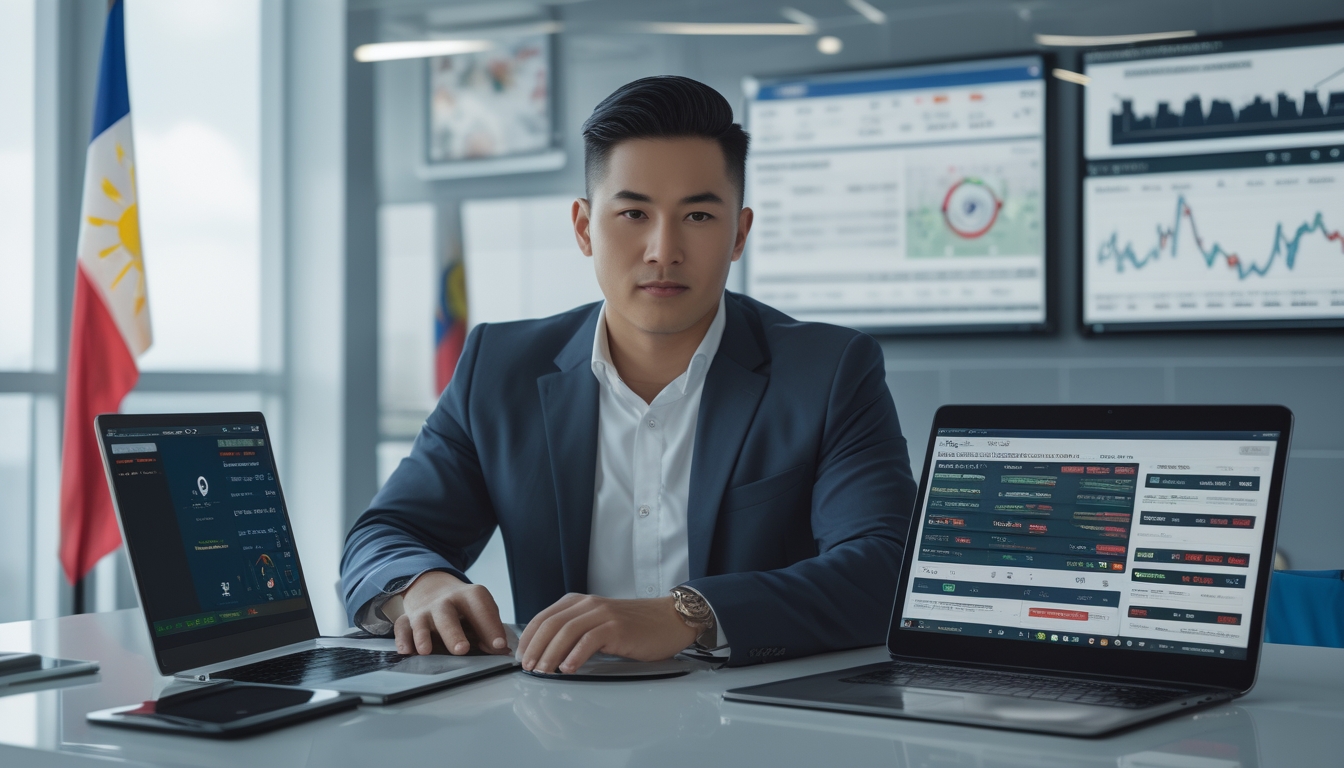 Seorang agen profesional duduk di kantor modern dengan perangkat digital yang menampilkan pasar sabung ayam resmi dari Filipina.