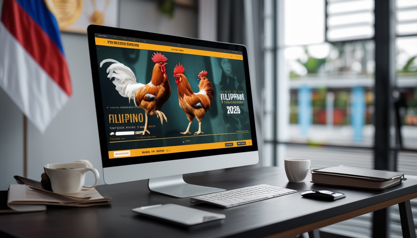 Seorang pengguna duduk di depan komputer dengan layar menampilkan gambar ayam jago, di ruang kerja yang rapi dengan elemen budaya Filipina di latar belakang.