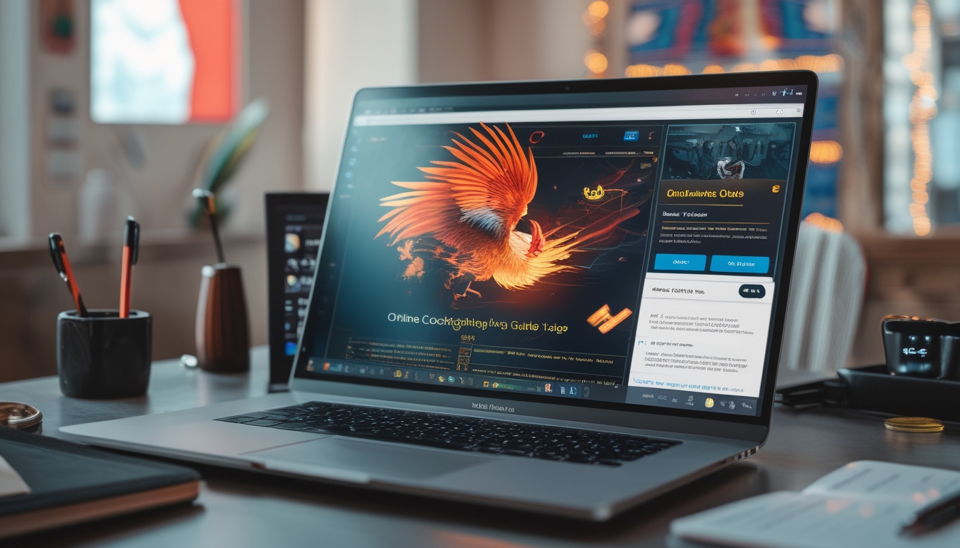 Seorang profesional sedang menggunakan laptop di meja kerja dengan layar menampilkan situs sabung ayam online, dikelilingi oleh catatan dan ponsel dengan pembaruan pertandingan.