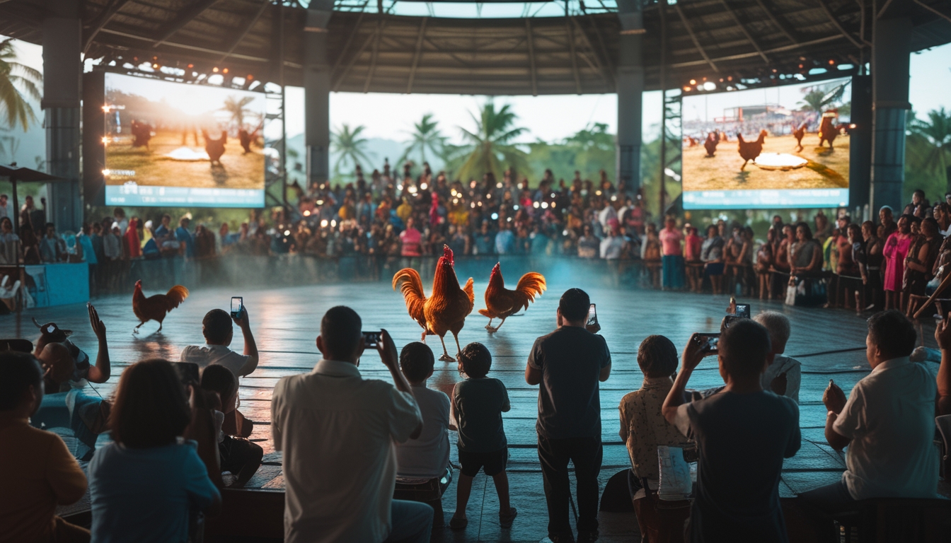 Kerumunan orang menonton pertarungan ayam di arena terbuka dengan layar digital menampilkan siaran langsung.