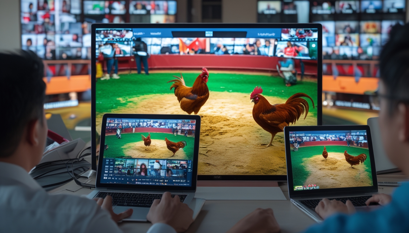 Orang-orang menonton live streaming sabung ayam dengan beberapa layar menampilkan pertandingan ayam jago dalam arena.
