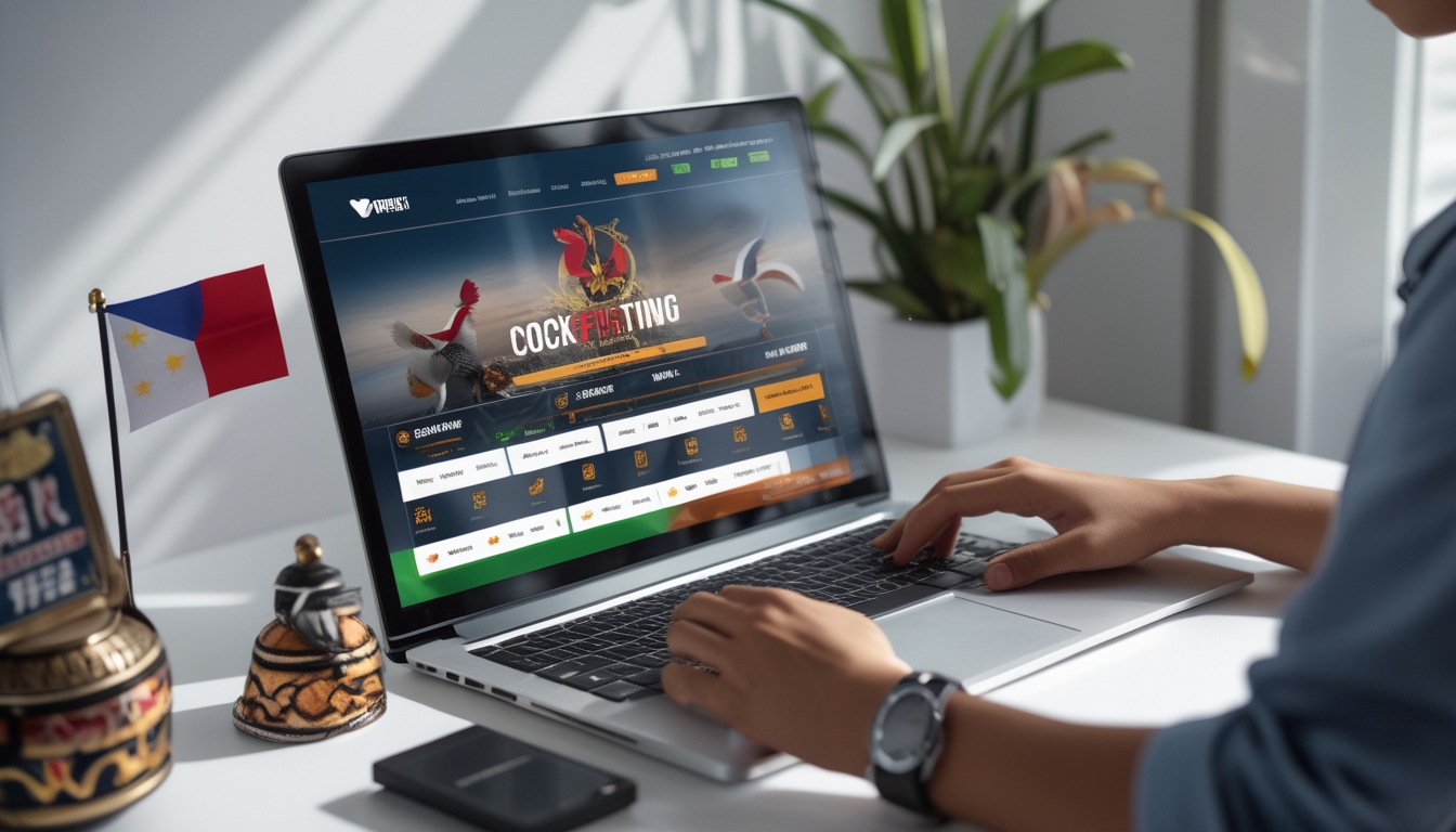 Seseorang menggunakan laptop di meja kerja yang rapi dengan elemen budaya Filipina di sekitar, menunjukkan aktivitas taruhan online yang aman dan cepat.