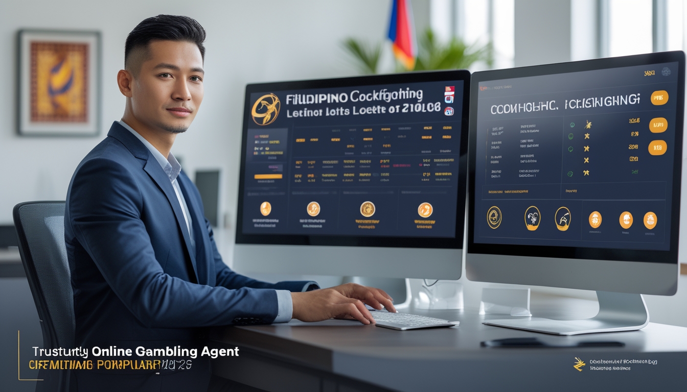 Seorang pria Asia Tenggara duduk di depan komputer dengan tampilan jadwal pertandingan sabung ayam dan ikon pembayaran yang aman di kantor modern.