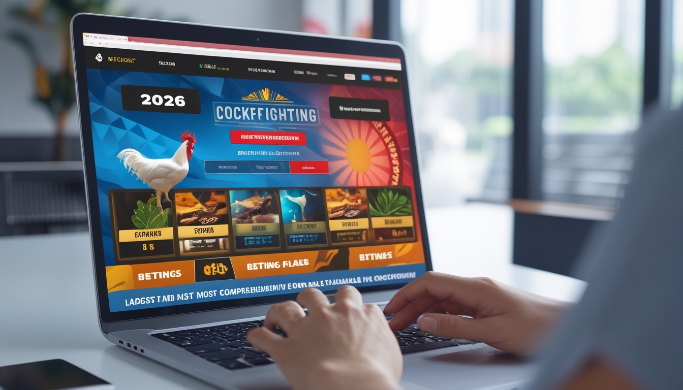Seseorang menggunakan laptop dengan tampilan platform taruhan sabung ayam online yang menampilkan grafik ayam jago dan opsi taruhan.