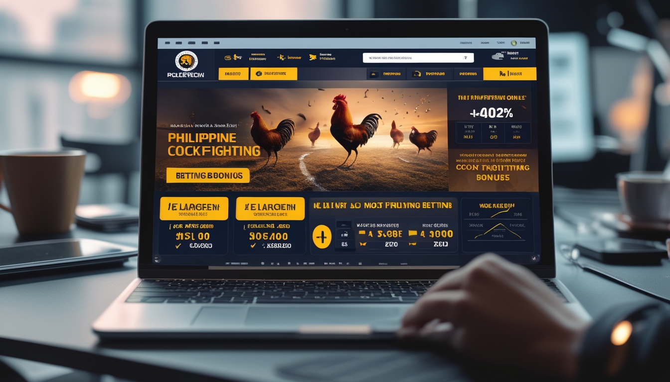 Seorang pengguna duduk di depan komputer dengan layar yang menampilkan platform taruhan sabung ayam online yang modern dan terpercaya, dengan gambar ayam jago dan grafik taruhan.