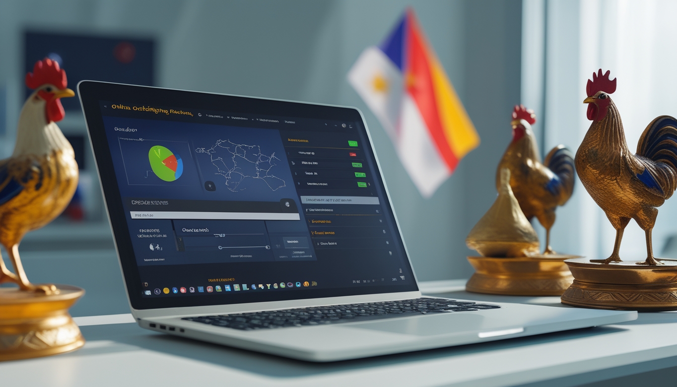 Sebuah ruang kerja modern dengan laptop yang menampilkan antarmuka digital terkait sabung ayam online di Filipina, dikelilingi oleh figur ayam jago tradisional dan warna bendera Filipina.
