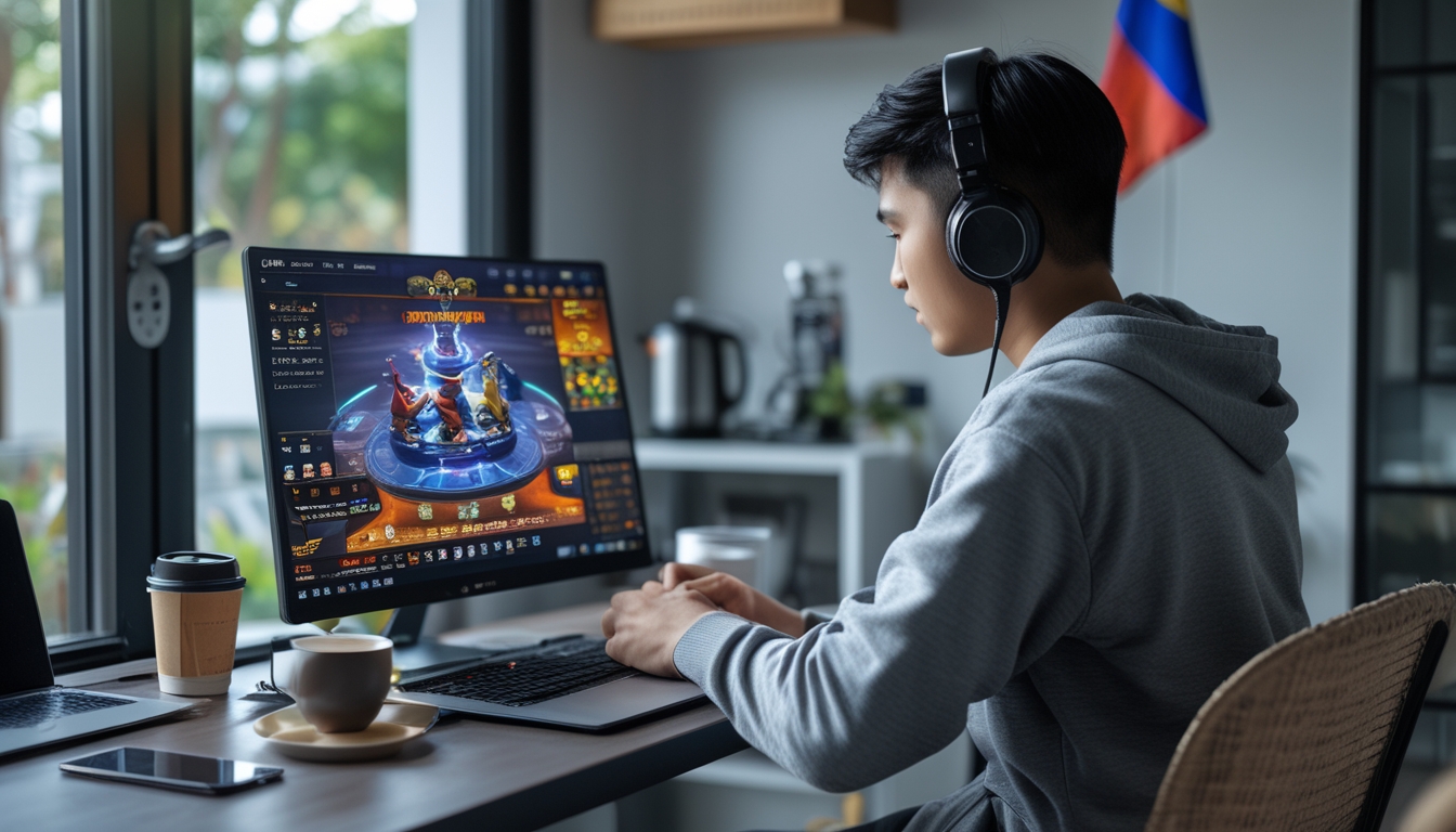 Seorang pria muda sedang bermain game online di laptop di ruang kerja rumah yang rapi dengan dekorasi kecil bertema Filipina.