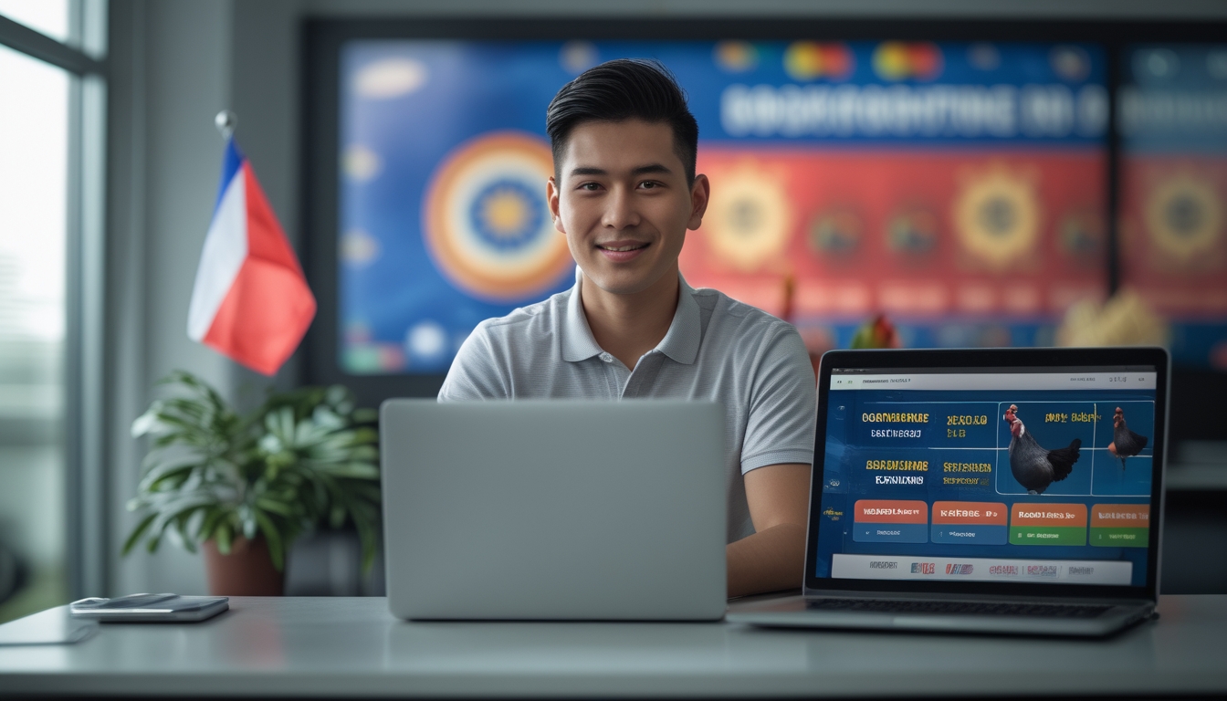 Seorang pria muda sedang menggunakan laptop dan ponsel untuk bermain sabung ayam online di ruangan yang rapi dan modern.