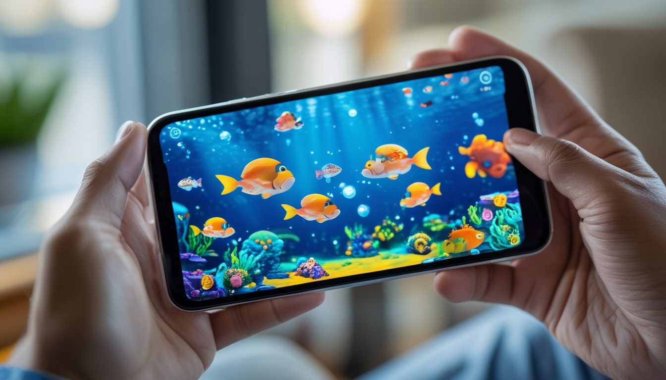 Seseorang memegang ponsel yang menampilkan permainan ikan berwarna-warni di layar, dengan latar belakang ruangan yang samar.