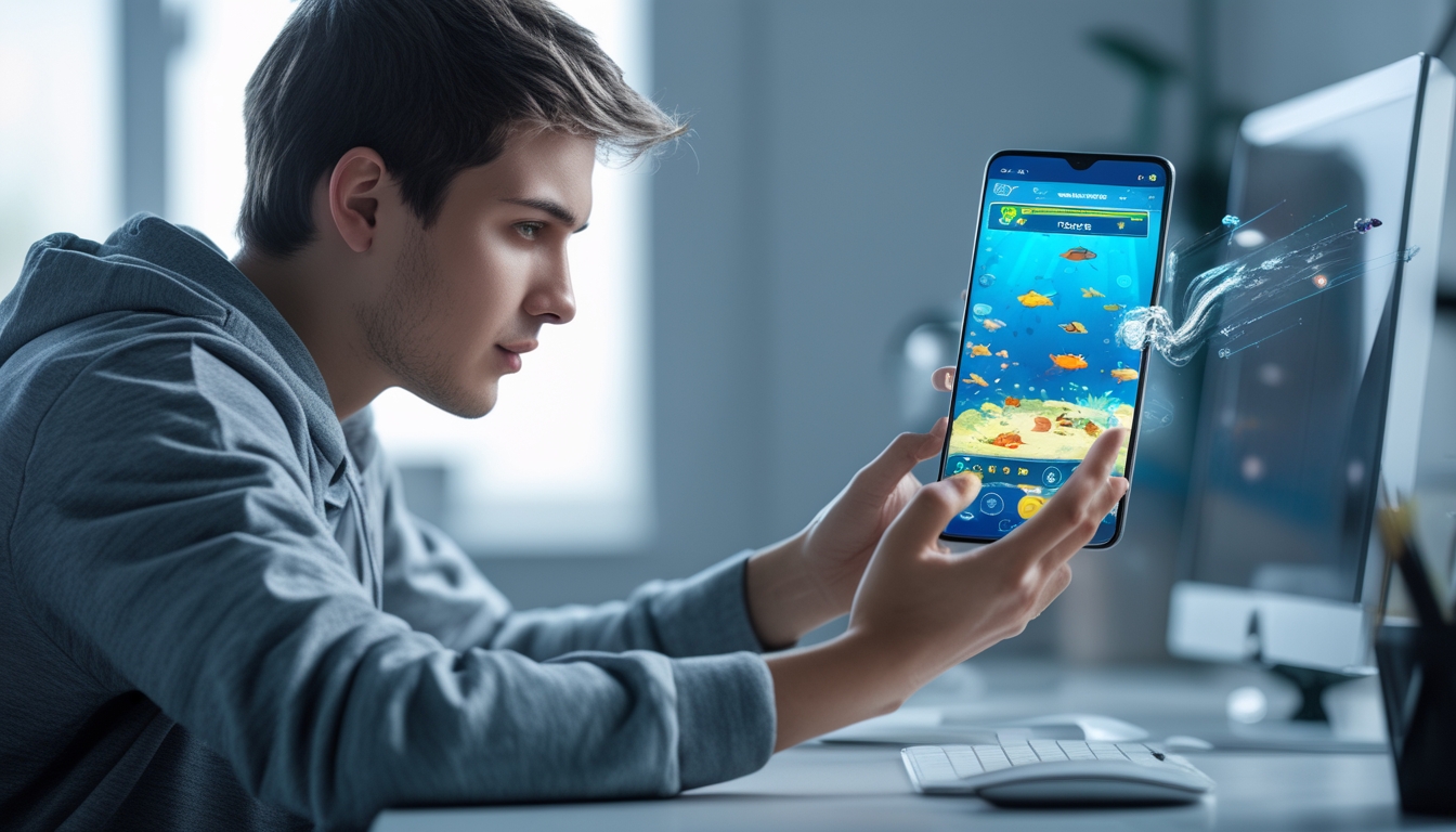 Seorang dewasa muda menggunakan ponsel Android untuk bermain game tembak ikan secara online di ruangan modern yang terang.