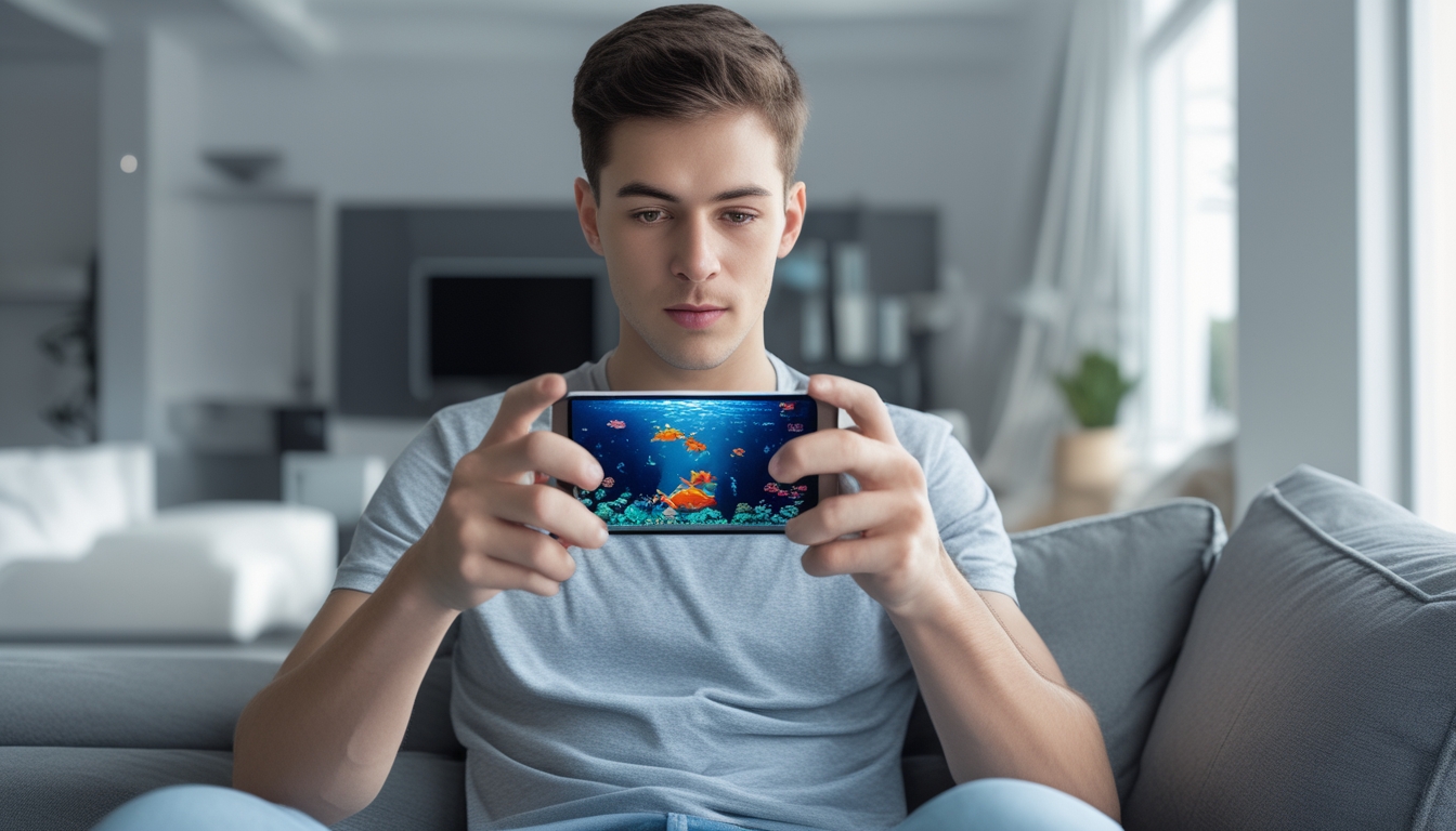 Seorang pria muda sedang asyik bermain permainan tembak ikan di ponsel Android di ruang tamu yang terang dan modern.