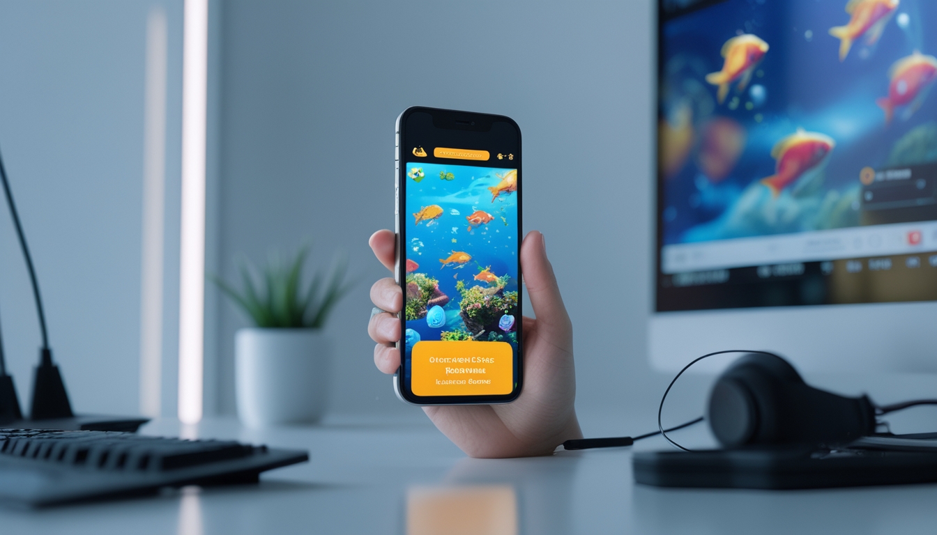 Sebuah ponsel pintar menampilkan permainan memancing ikan berwarna-warni di layar dengan latar belakang minimalis dan elemen digital serta air.