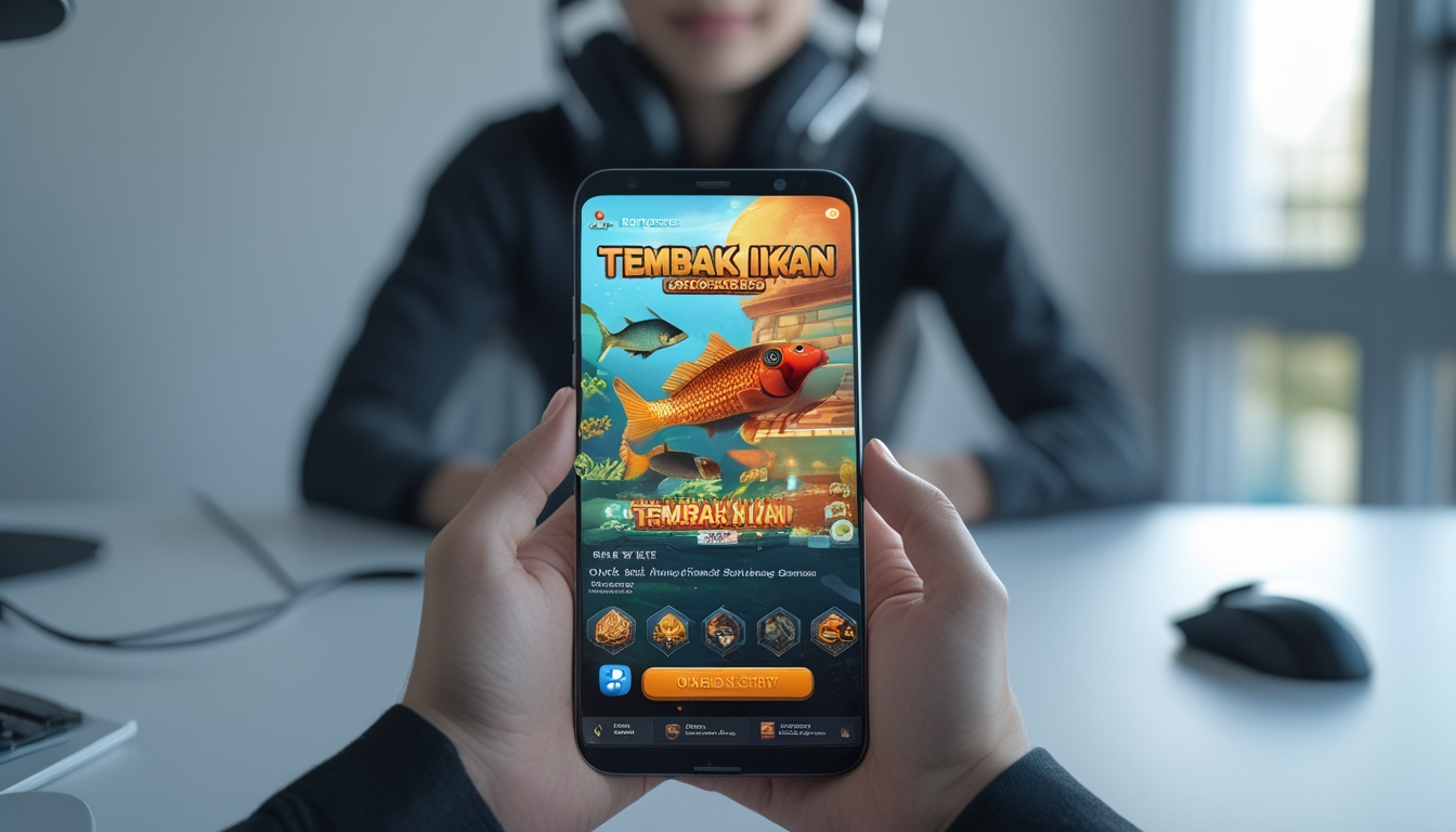 Seseorang memegang smartphone yang menampilkan permainan tembak ikan di layar dengan latar belakang meja kerja modern.