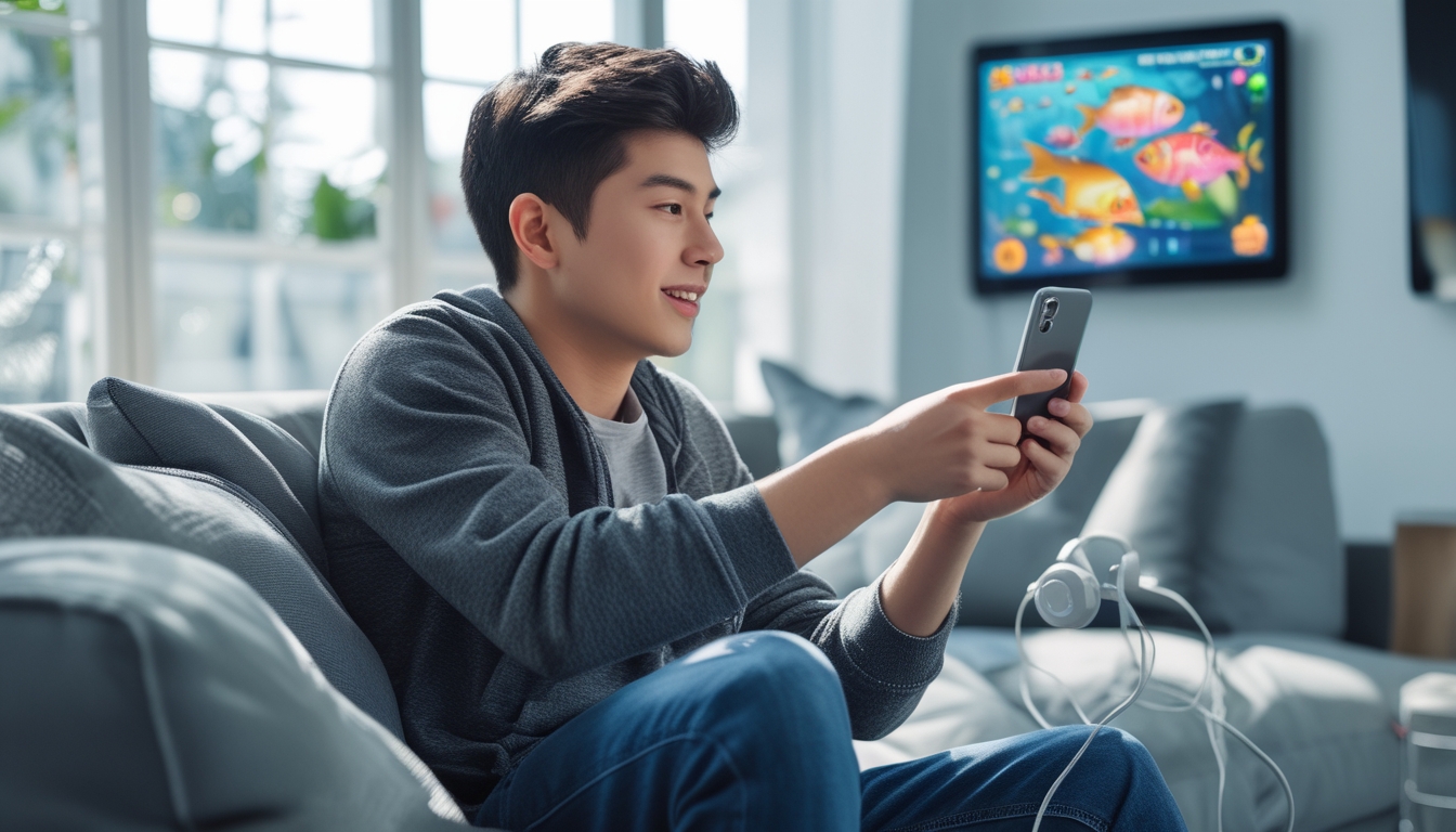 Seorang pria muda sedang fokus bermain game tembak ikan di ponsel Android di ruang tamu yang terang dan nyaman.