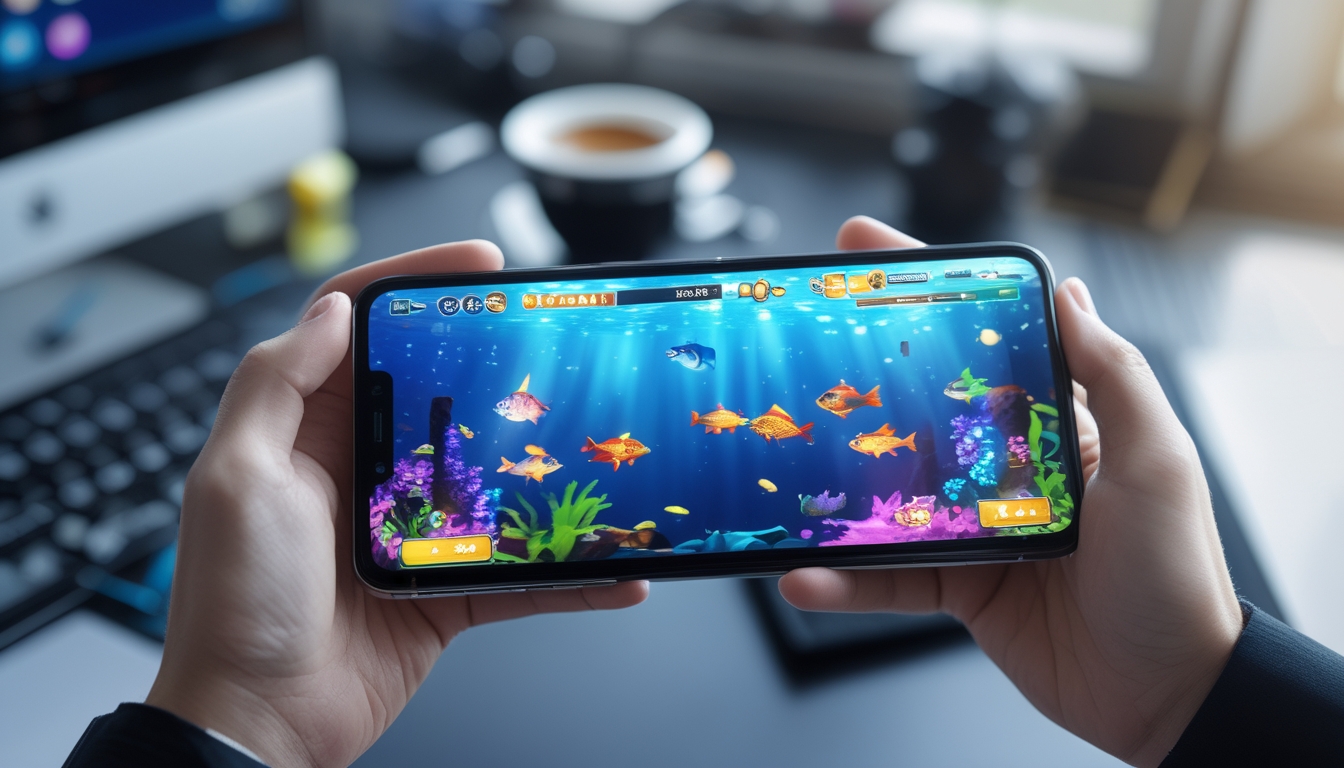 Seseorang memegang ponsel Android yang menampilkan permainan tembak ikan dengan berbagai ikan berwarna-warni di layar.