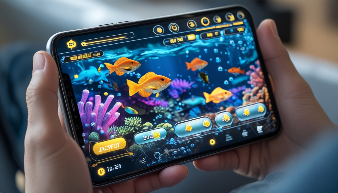 Seseorang memegang ponsel Android yang menampilkan permainan menembak ikan dengan grafik bawah laut berwarna-warni dan animasi ikan.